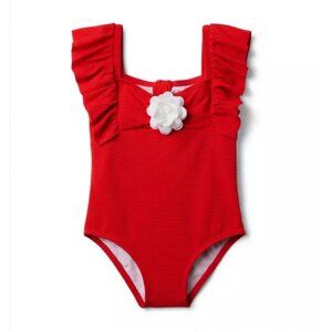 Janie And Jack Rosette Ruffle Sleeve Swimsuit Girls 3T Red Textured One Piece